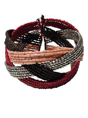 Handcrafted Beaded Bracelet Hinged Cuff Red Brown Silver Peach Fashion Jewelry